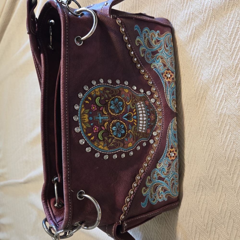 Embroidered Skull Design Women Bag - Purple